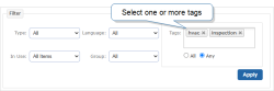 The Filter section on the Resources page. The user has selected the hvac and inspection tags.